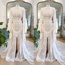 Bohemian Light Champagne Long Sleeves Wedding Dresses with Side Split Bridal