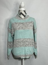 Vintage Colorblock Sweater Women Size L gray mint green 80s 90s Retro Knit