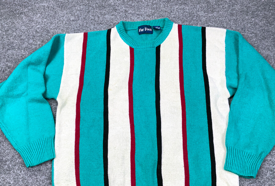 VTG 90s Teal White Vertical Striped Crew Neck Sweater Adult