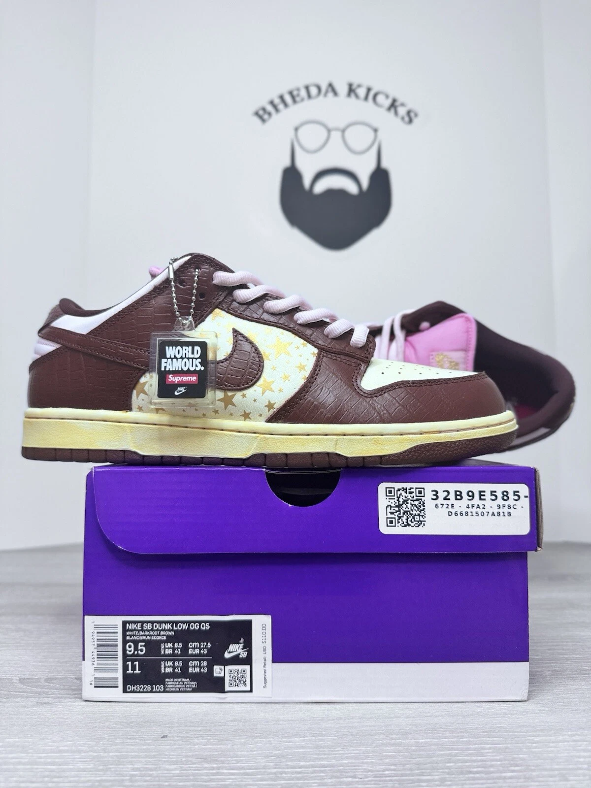 Nike Supreme x Dunk OG SB QS Low Barkroot marron DH3228 103 taille 9,5 neuf (personnalisé)