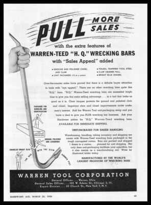 1949 Warren Tool Corp. Ohio Warren-Teed ''H.Q.'' Wrecking Bars Vintage Print Ad