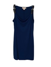 Michael Kors Dress Leather Belt Strap Sleeveless Shift Midi Blue Stretch Large