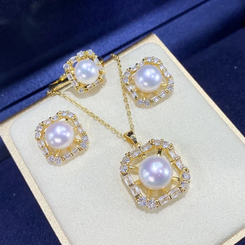 Gorgeous AAAAA 8-9mm South Sea White Stud Pearl Pendant Earring Ring Set 925s