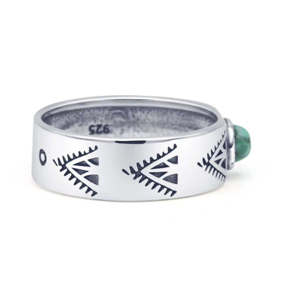 Round Turquoise Tribal Band Oxidized Ring 925 Sterling Silver 6mm - Image 2 of 4