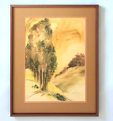 Virginia Dicken Original Watercolor Painting Mid-Century Modern Landscape Framed