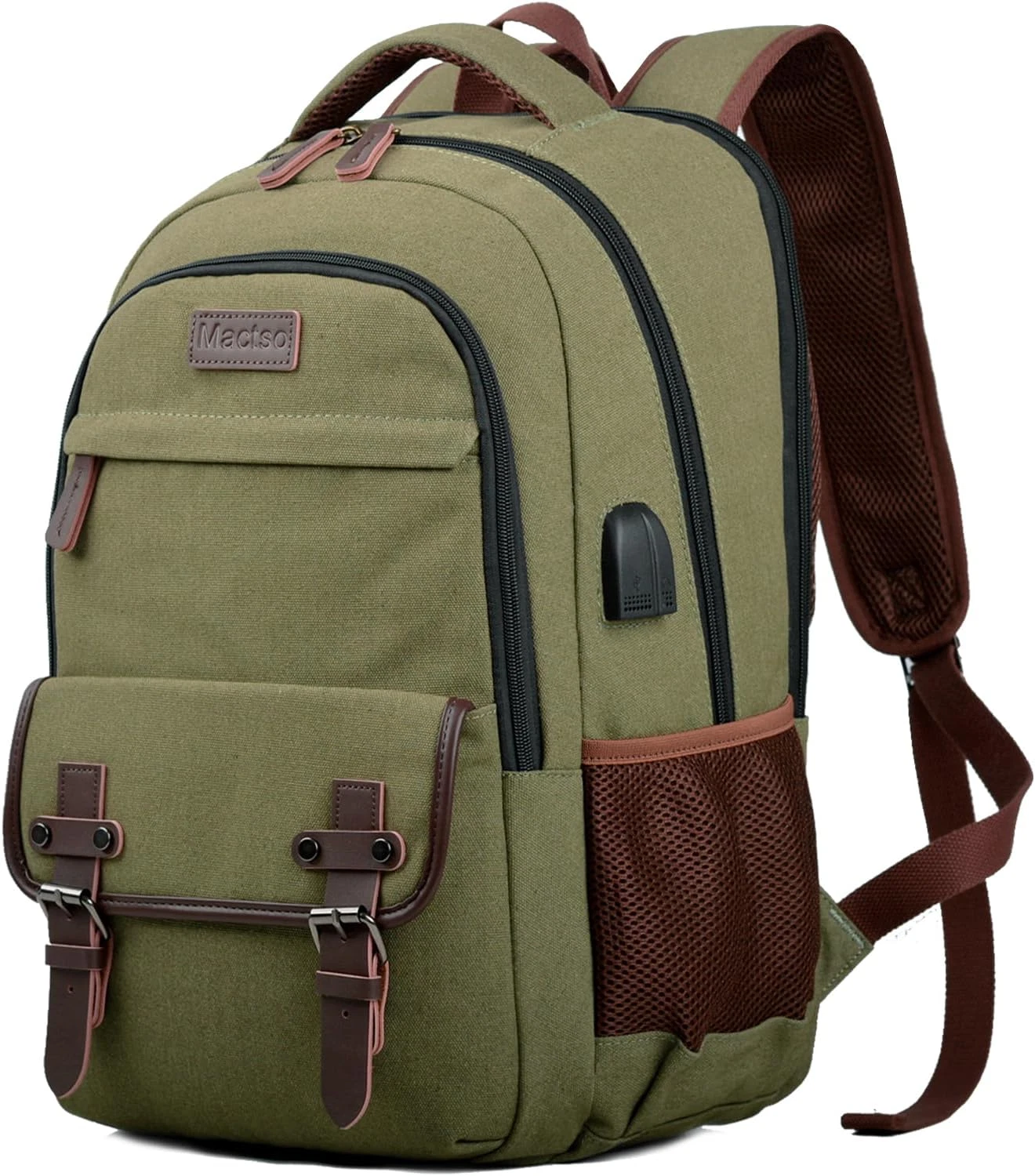 Stylish Canvas Laptop Backpack with USB Port for 15.6" Laptop - Green