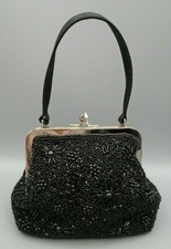 Vintage Small Black Valerie Stevens Beaded Evening Bag Mirror Shoulder Strap