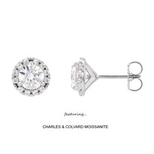 1.25 Carat Moissanite & Diamond Halo Design Earrings 14k Gold Charles & Colvard