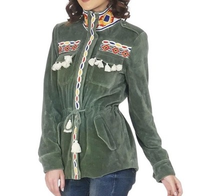 New AMERICA & BEYOND Women's Cotton Velvet Jacket w/Embroidery & Tassels Sz. M