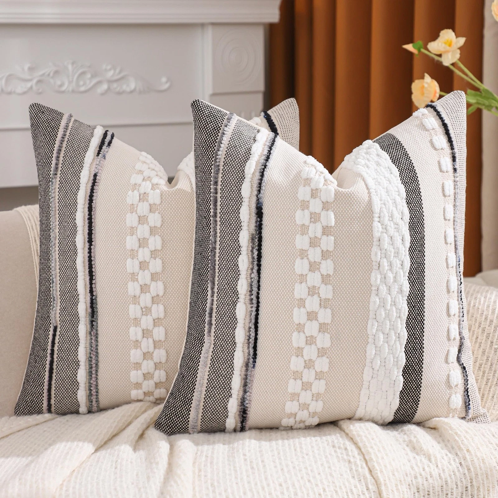 Chenille Throw Pillow Covers 18x18 Set of 2 Boho Tufted Pillow Covers Striped...