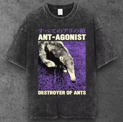Mens Anteater Graphic Oversized T Shirt Washed Black Y2K Grunge S-2XL