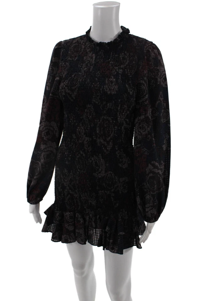 Zara Womens Gingham Floral Print Peasant Sleeve Smocked Mini Dress Blue Size S - Image 2 of 4