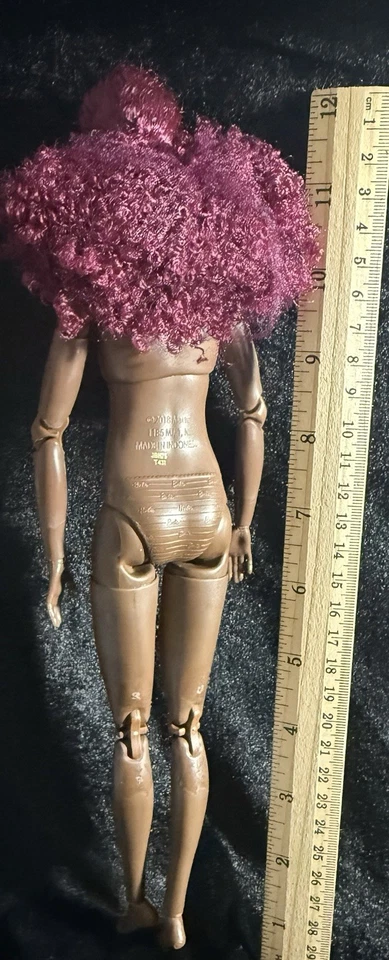 Tall African American Mattel-Maroon Curly Hair articulated Barbie Doll-Nude-I-28 - Image 3 of 3