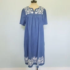 Go Softly S Patio House Dress Mumu Midi Embroidered Floral Blue Daisy Grannycore