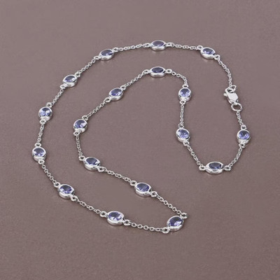 Bezel Set Tanzanite 14K White Gold Over Dainty By The Yard Station 18'' Necklace