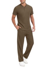 Men's Short Sleeve Outfits Waffle Knit Henley Shirt and Pants Set Casual 2 Pi...
