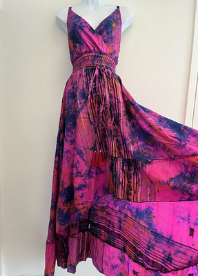 Rosa Kleid lang Bohemian Seide lila Batik Hippie One Size Vintage Boho Maxi