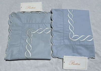 PRATESI CLASSIC CHAIN TRECCIA BLUE EMBROIDERED SCALLOPED BOUDOIR SHAM SET ITALY