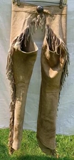 JLC CUSTOM OUTFITTERS Leather Chaps Rodeo Tan Brown Zipper Fringe 27-29" Sterlin