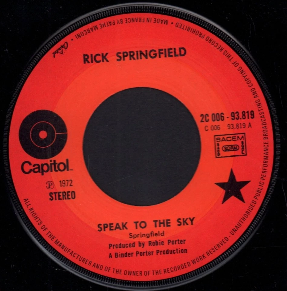 Rick Springfield Speak To The Sky 7" Vinyle France Capitol 1972 Pic Sleeve - Photo 3/3