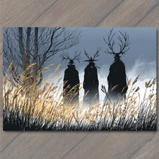 Art Print Three Horned Shadows Creeping Through Frosty Field Tall Antlers Haunti