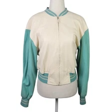 Vintage 90s Nancy Heller Cream and Turquoise Leather Bomber Jacket 2