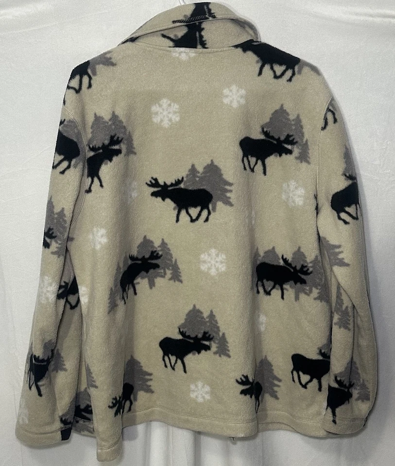 Cabin Creek Vintage Fleece Shirt Jacket Moose Print Collared Button Up Lounge - Image 3 of 4