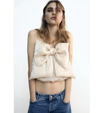 New - Zara Crop Top With Bow ECRU | 9886/999/712 - - S