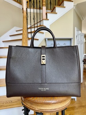 Teddy Blake 12  Lola Stampato Pebbled Satchel in Dark Brown. Double top handle 