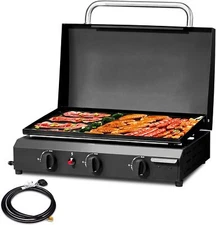 3Burner Gas Griddle w/Hood,30000 BTU Propane,Portable Flat Top Gas Grill Camping