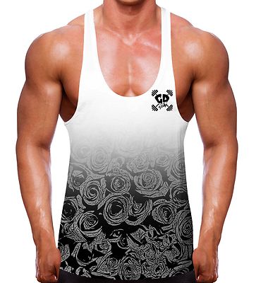 SCHWARZ UND WEISS ROSE VERBLASSEN BODYBUILDING STRINGER WESTE HERREN FITNESS WEAR RACERBACK Y