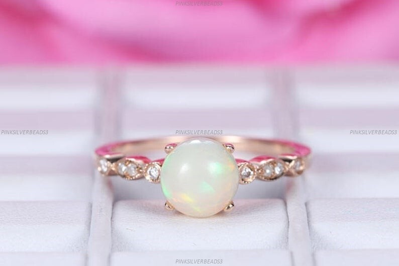 Opalite Moissanite Engagement Band Wedding Ring 14k Rose Gold Fine Jewelry