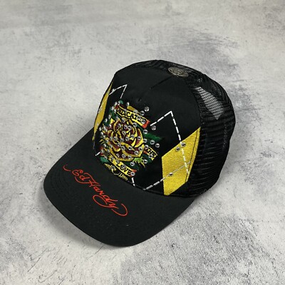 Vintage Ed Hardy By Christian Audigier Y2K Trucker Hat Cap 2000 s Black One Size
