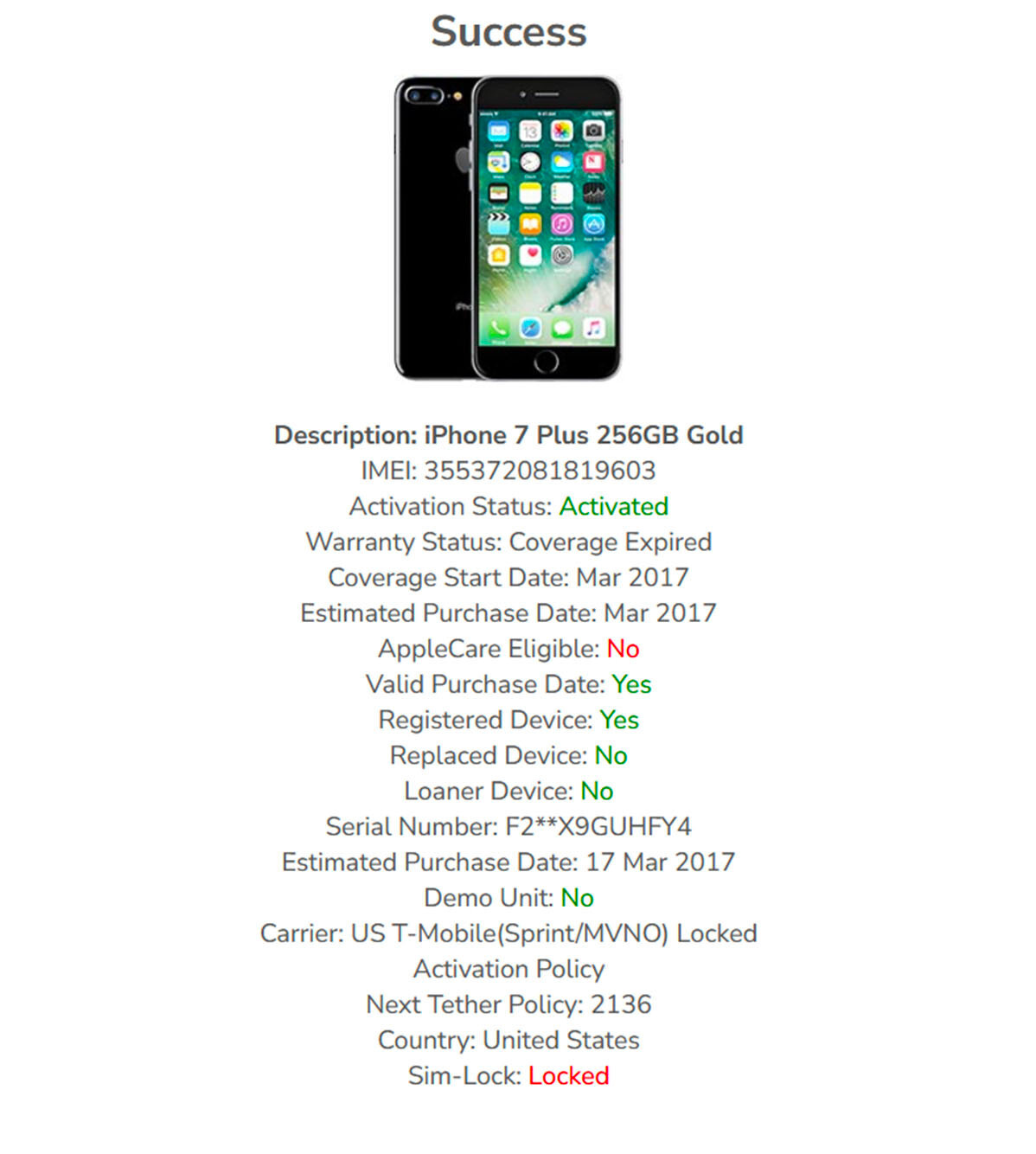 Apple iPhone 7 Plus - 256GB - Gold - T-Mobile - A1661 - MN6C2LL/A