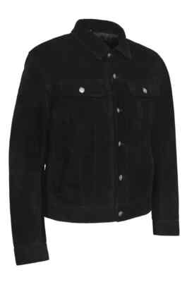 Mens Genuine Lamb Suede Black Western Denim Style Trucker Jacket