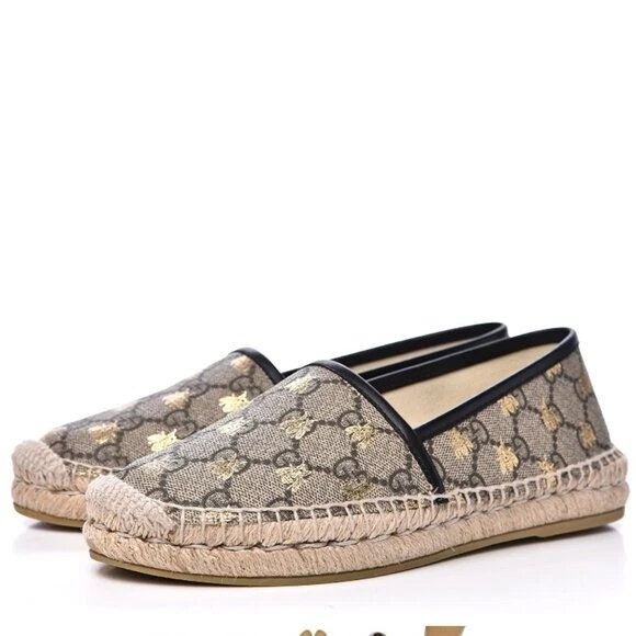 Gucci Espadrille GG Supreme Monogramme Abeilles Espadrille Plates Beige Ébène Oro Noir