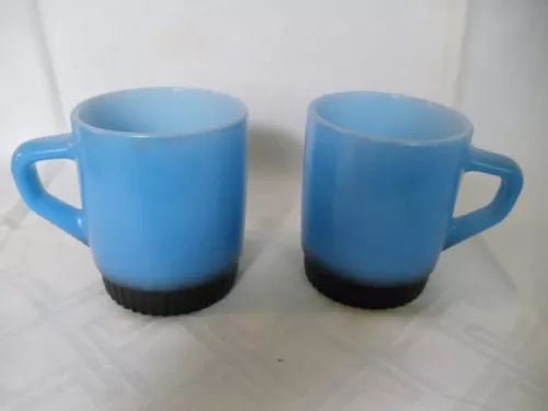 2 ANCHOR HOCKING FIRE KING BLUE W/ BLACK RIBBED FOOT STACKABLE COFFEE TEA MUGS