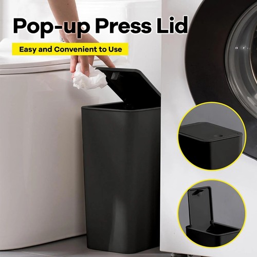 10L Bathroom Office Plastic Bin Push Lid Grey/Black Odour Free Compact Trash Bin - Picture 3 of 9