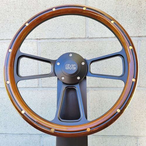 Forever Sharp 14" Billet 4-Spoke Steering Wheel - Mahogany Wood With Aluminum Rivets & Horn