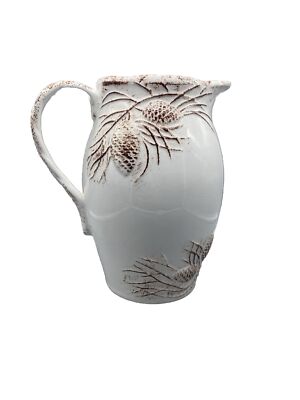 NEW Creative co-op 9''H Dolomite Pitcher with Pine Cones Beige/Terra Cotta