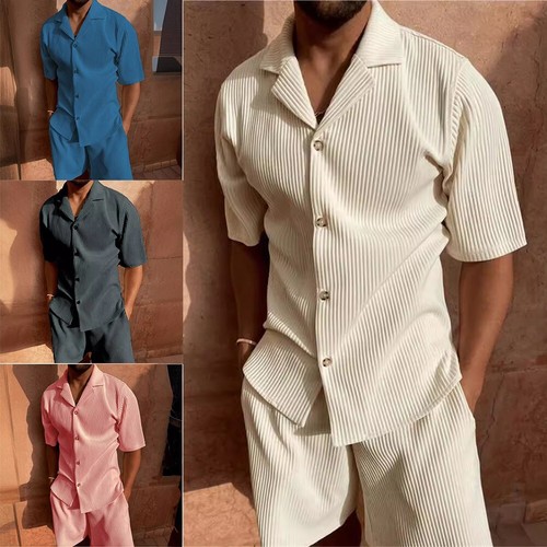 New Men Corduroy Shorts Short Sleeve Shirt Set Beach Brand New Casual Style - Picture 18 of 29