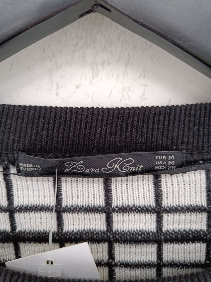 Zara Women's Jumper M Black Checkered Cotton with Polyamide Crew Neck