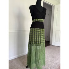 Knit Maxi Dress Black Green bohemian Crochet Lace Sleeveless women Size S Ryu