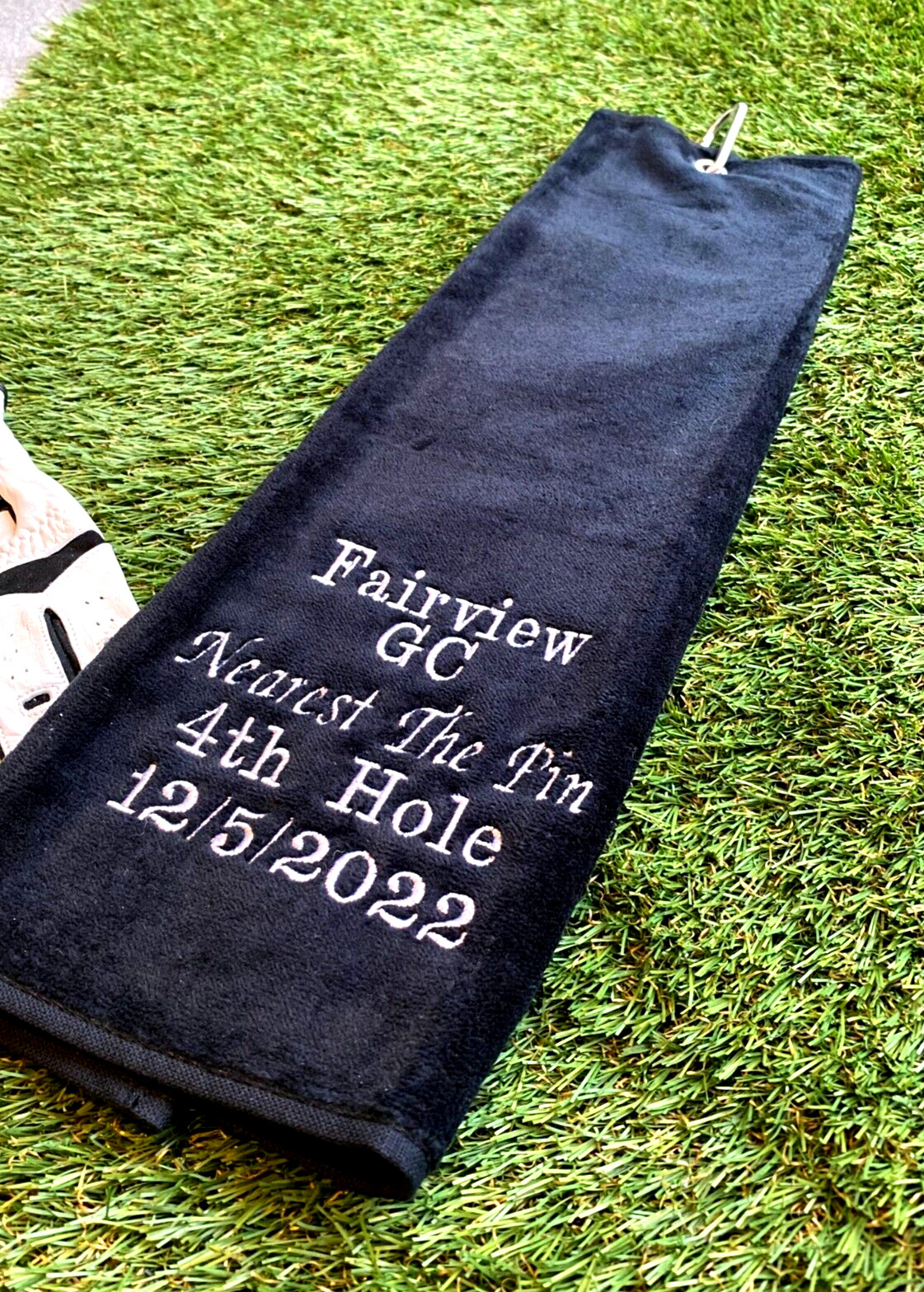 Personalised  golf towel ,  Nearest the pin , and your details , unique keepsake