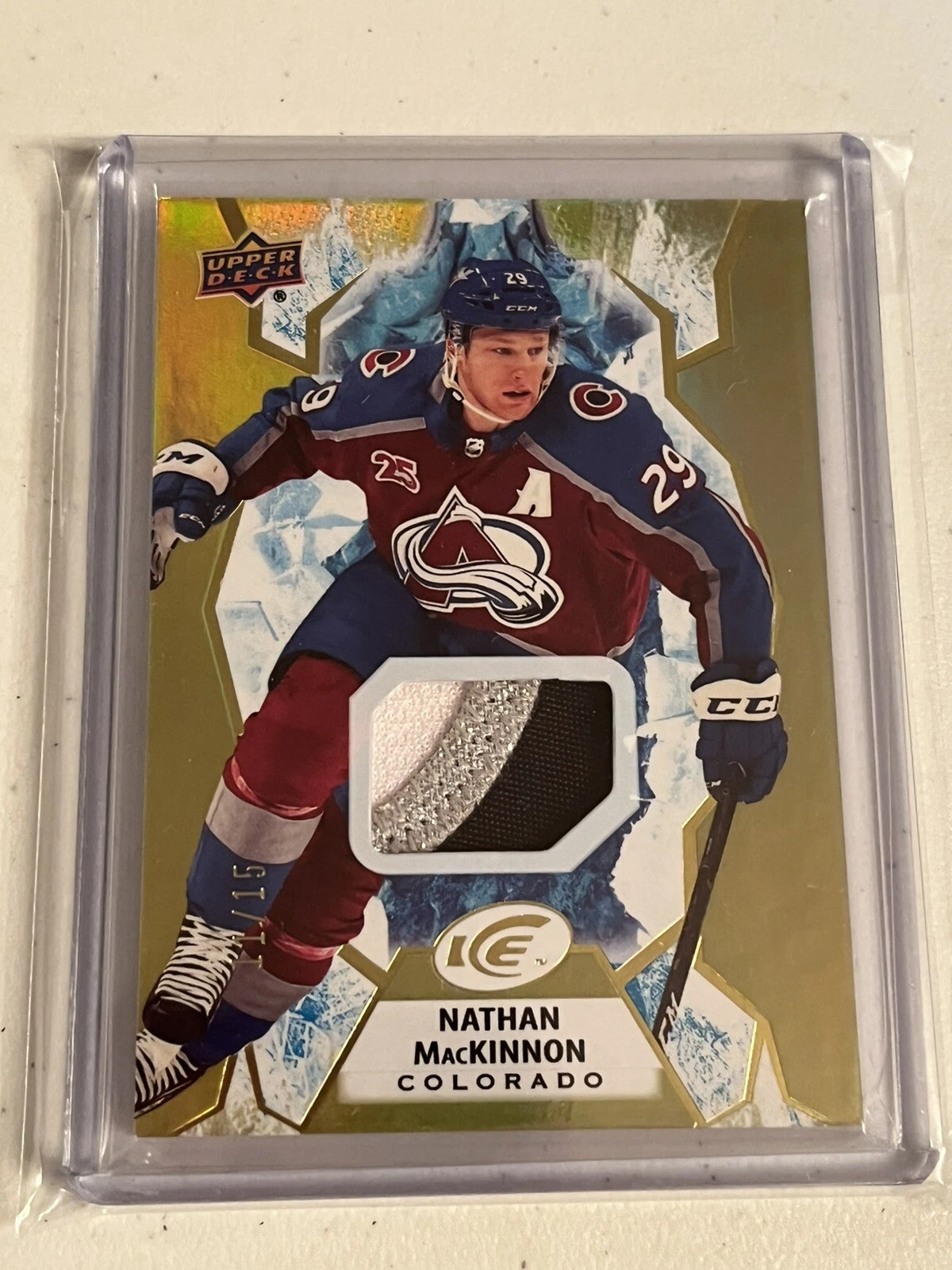 2021-22 Upper Deck Ice Gold Jersey Relics 3 Colour Patch /15 Nathan MacKinnon