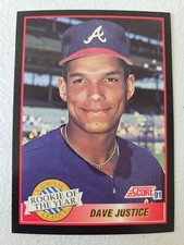 Dave Justice 1991 Score Baseball Card #880 ROY Braves + 2 Free Mystery Cards