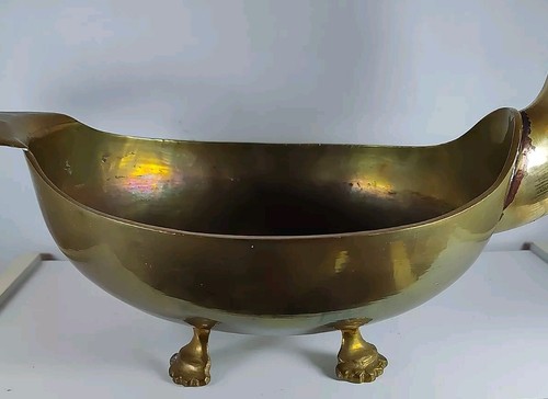 Large Vintage Brass Duck Bowl Mid Modern Century Made In India 4 Pedestal Feet - Picture 5 of 16
