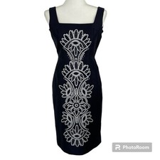 Tory Burch Lily Dress Size 2 Silk Embroidered Navy Blue Sleeveless Back Zip