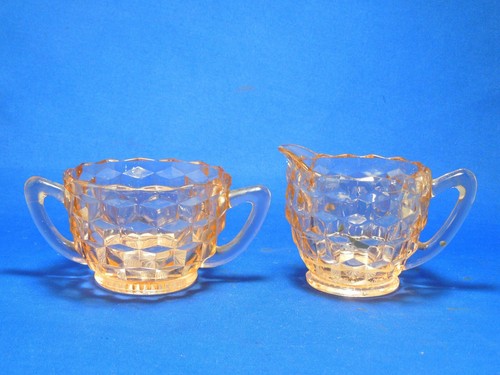 Antique Jeanette Depression Era Glass Cubist Pattern Pink Sugar Bowl & Creamer 3 - Picture 3 of 12