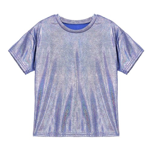 Girls Boys Metallic Short Sleeve T-Shirt Tops Sparkle Jazz Dance Performance Tee - Picture 41 of 96